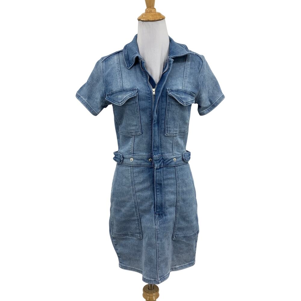 Good American Dress Womens S Small Denim Fit For Success Zip Mini Short Sleeve